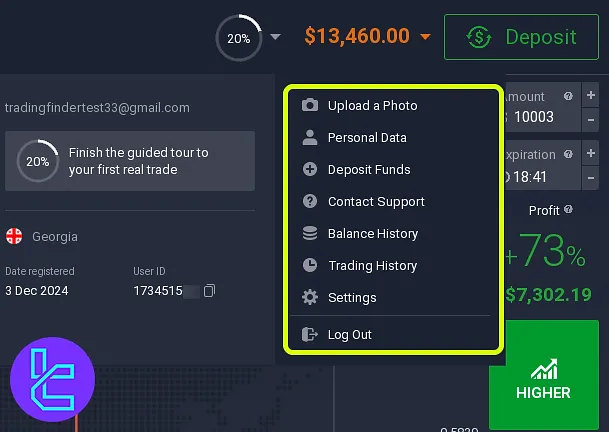 IQ Option user cabin avatar section