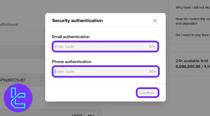 Entering email and phone verification codes for the OKX USDT TRC20 transfer