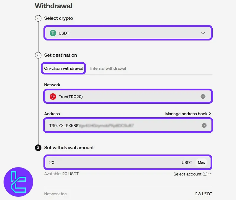 OKX USDT TRC20 payout form with network and wallet address fields