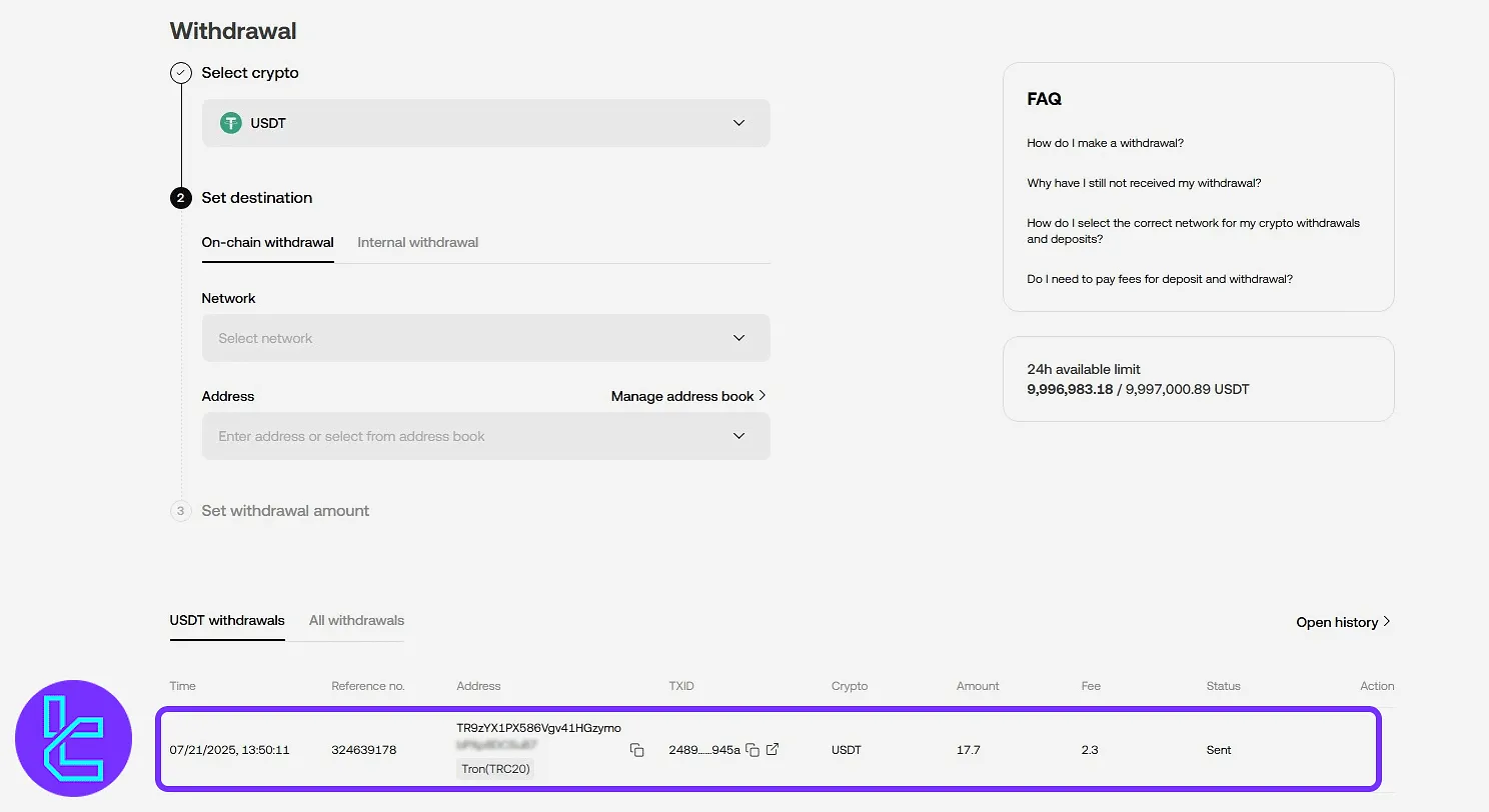 Checking USDT TRC20 transaction status in the OKX cash-out history