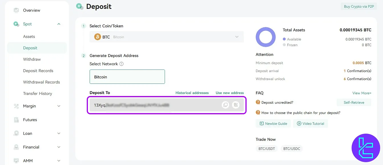 CoinEx BTC cash in address confirmation page