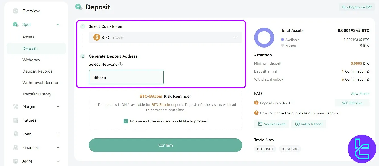 CoinEx BTC top-up page with Bitcoin selected