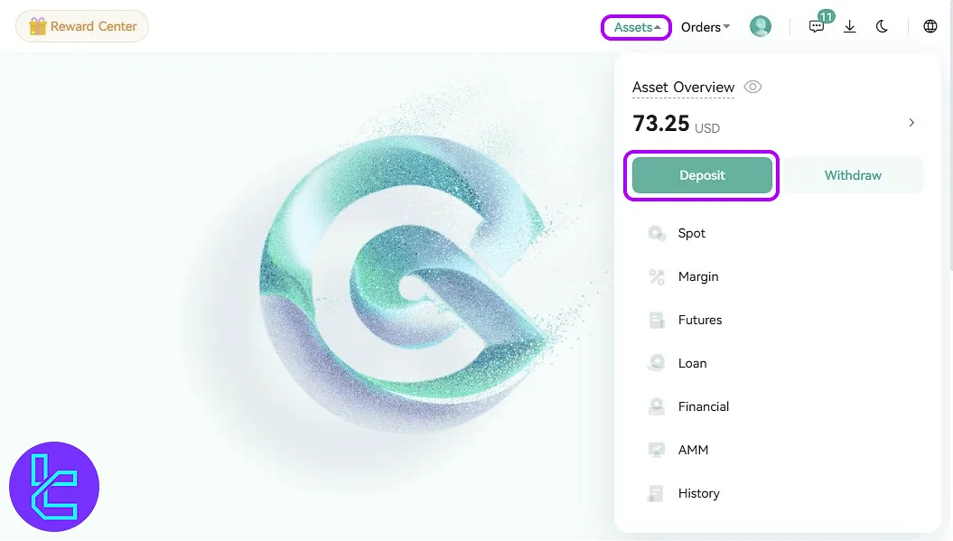 CoinEx BTC top-up wallet interface on dashboard