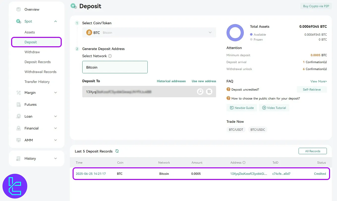 CoinEx BTC cash in status