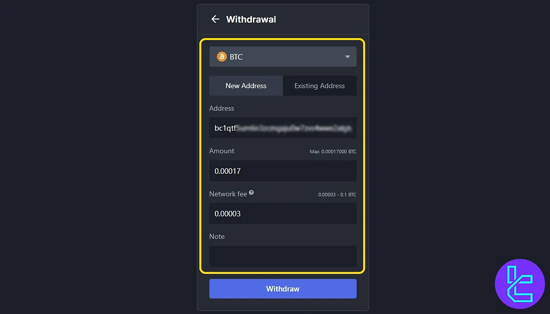 BitMEX BTC withdrawal form