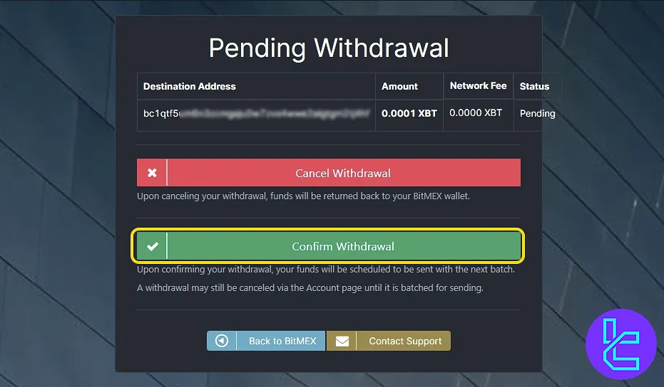 BitMEX BTC withdrawal confirmation email