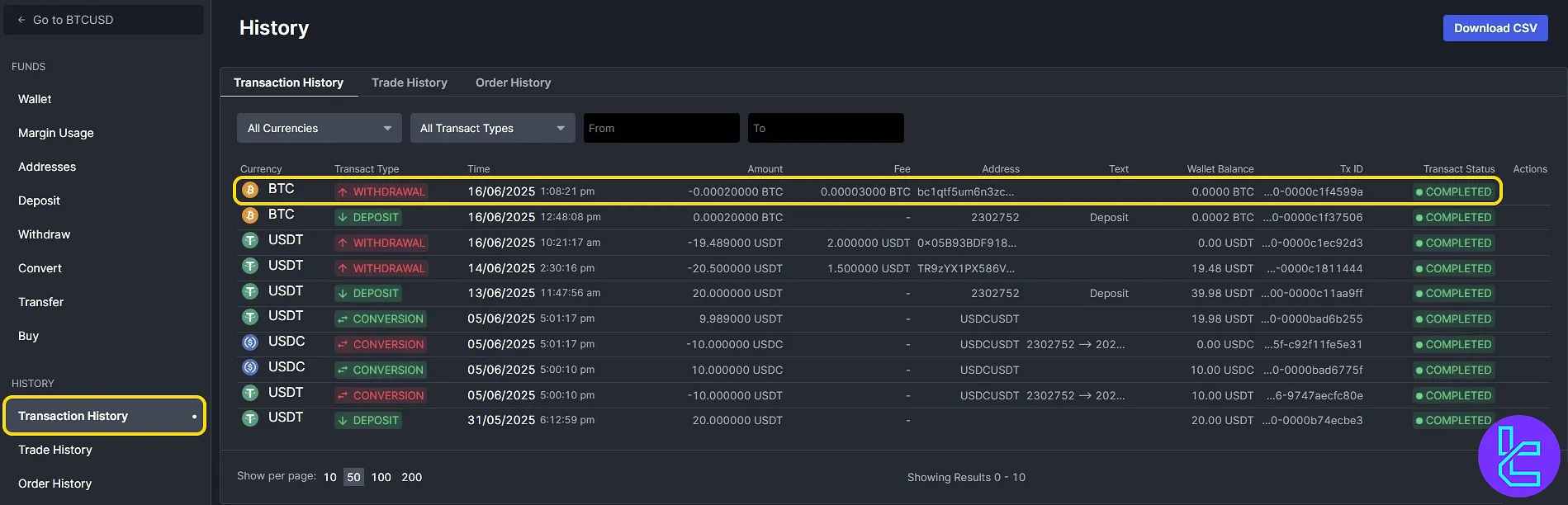 BitMEX BTC withdrawal displayed in transaction history