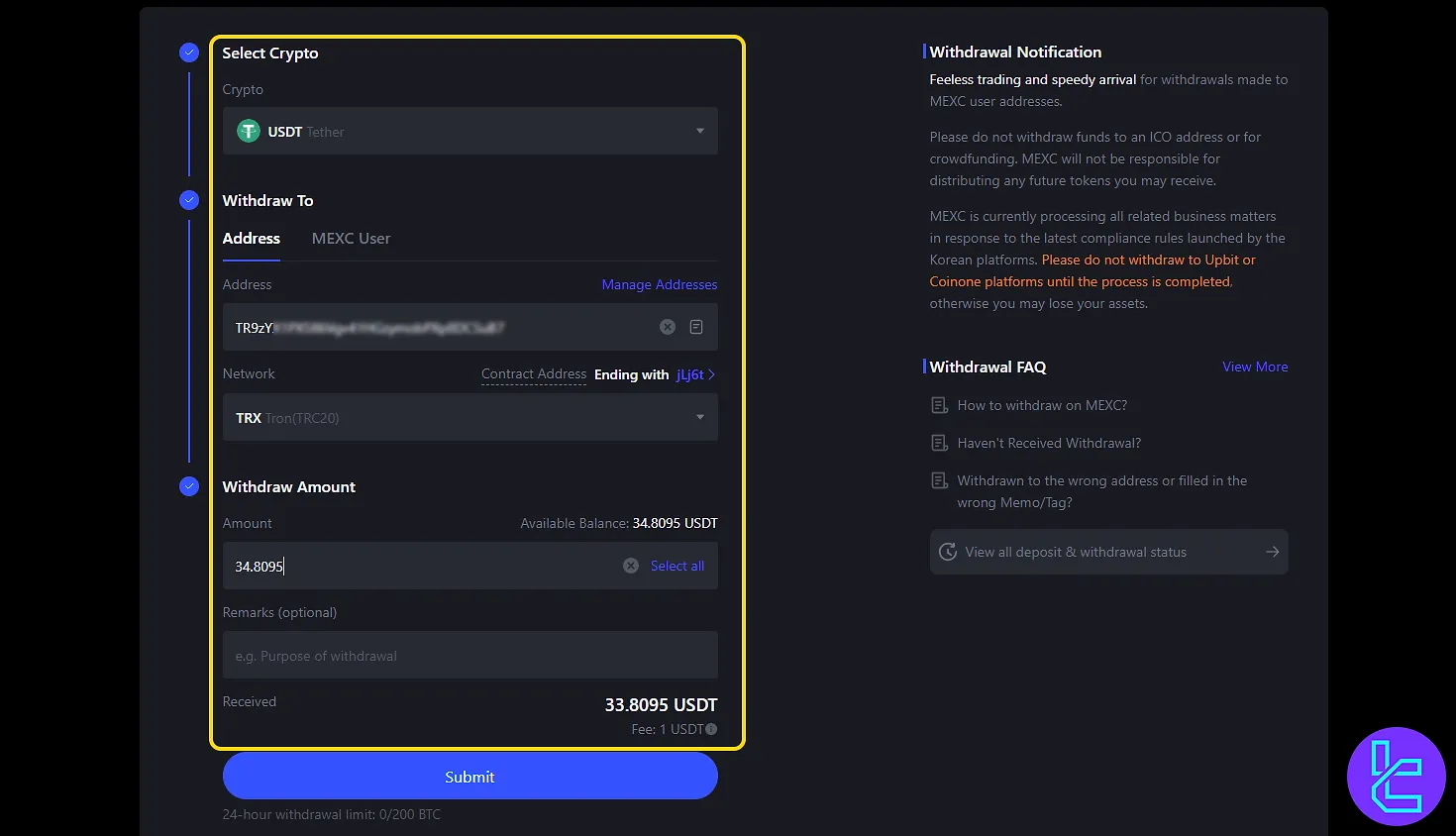 MEXC Tether TRC20 cash out details