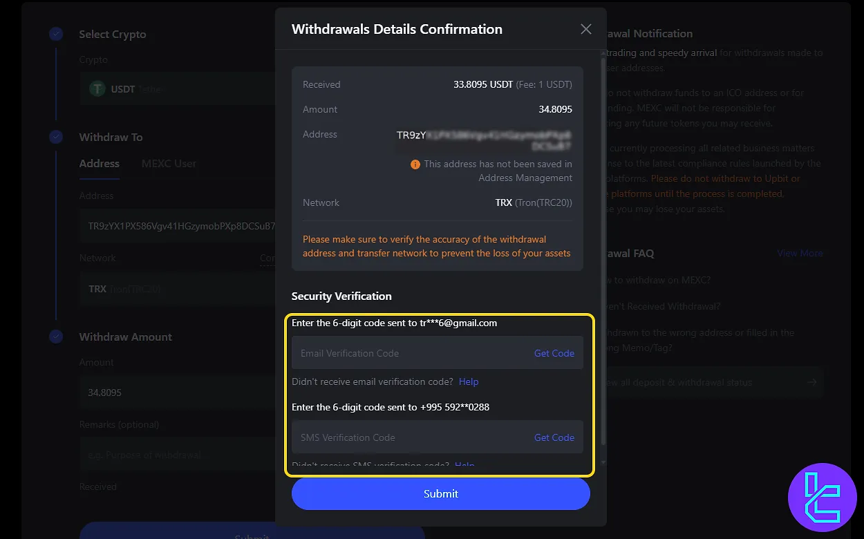 MEXC USDT TRC20 cash out verification codes