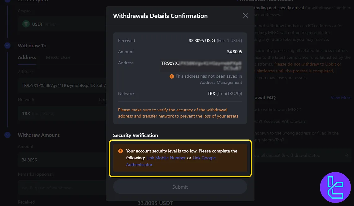 MEXC Tether TRC20 cash out Verification method