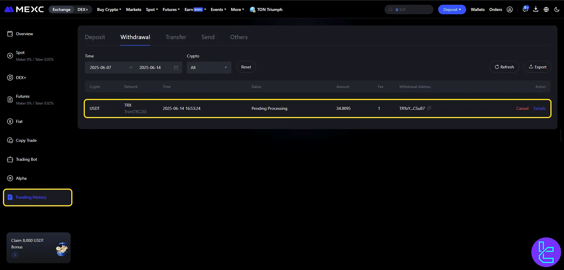 MEXC Tether TRC20 cash out status