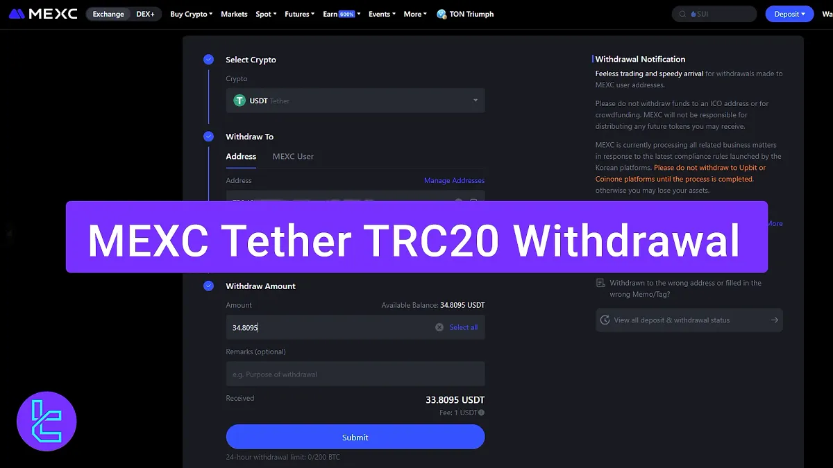 MEXC Tether TRC20 Withdrawal 2025 [5-Step Process with 1 USDT Fee]