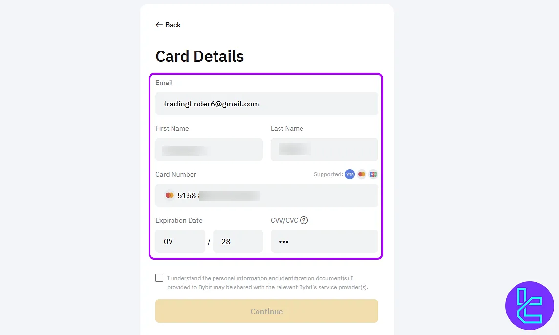 Entering card details for Bybit Visa top-up