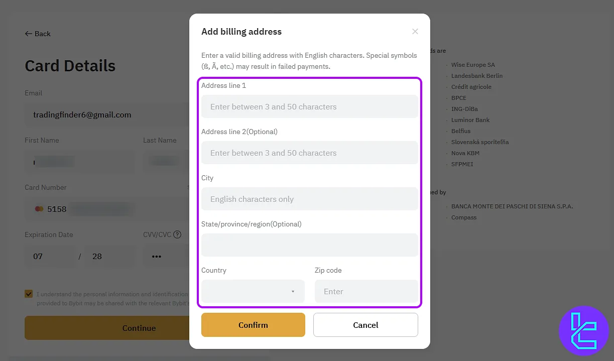 Entering billing details for Bybit Visa top-up
