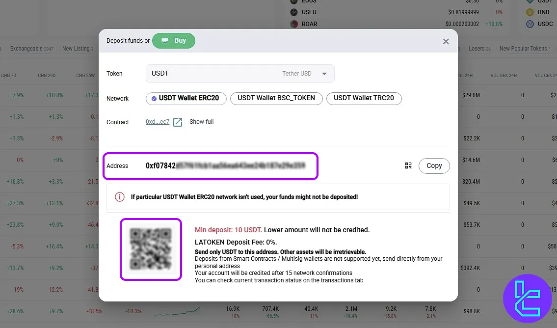 LATOKEN Tether ERC20 cash in address and QR code