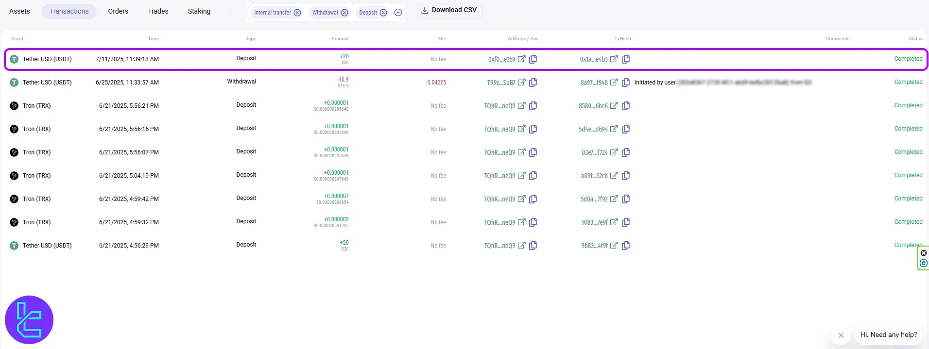 Monitor LATOKEN Tether ERC20 top-up status