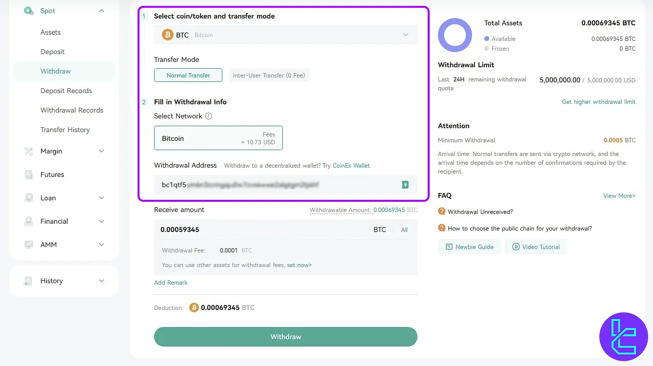CoinEx BTC payout selection