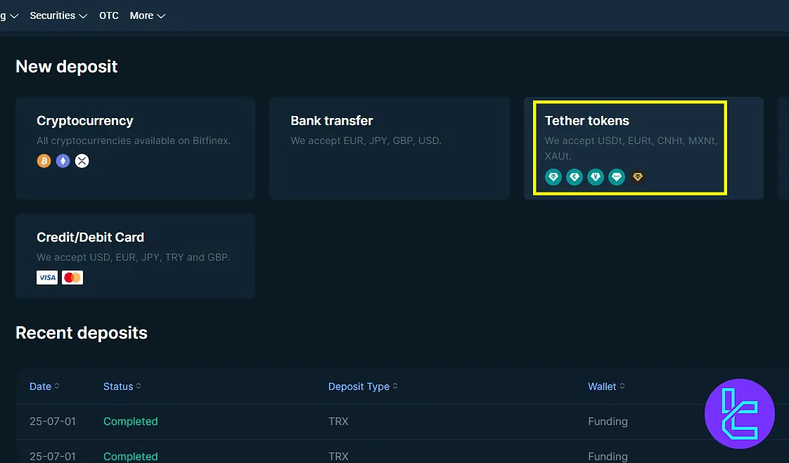 Bitfinex USDT ERC20 deposit token selection
