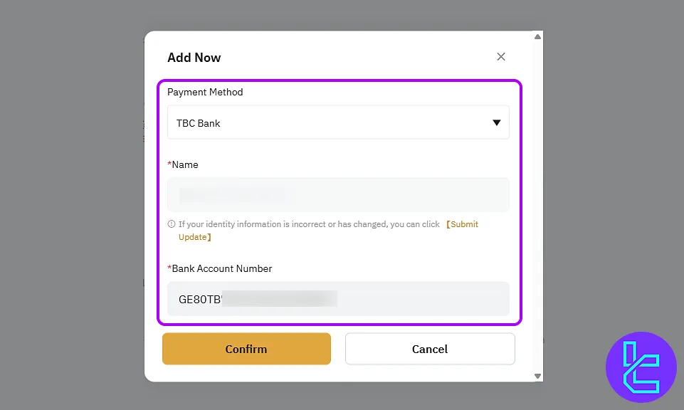 Add bank account for Bybit Visa payout out