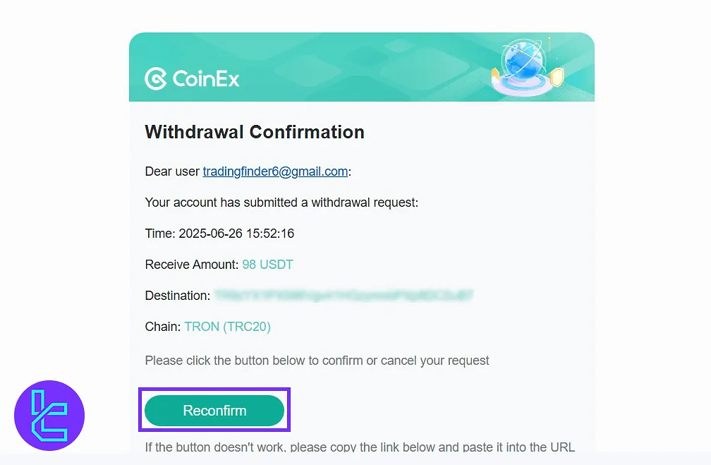 CoinEX USDT TRC20 withdrawal email reconfirmation