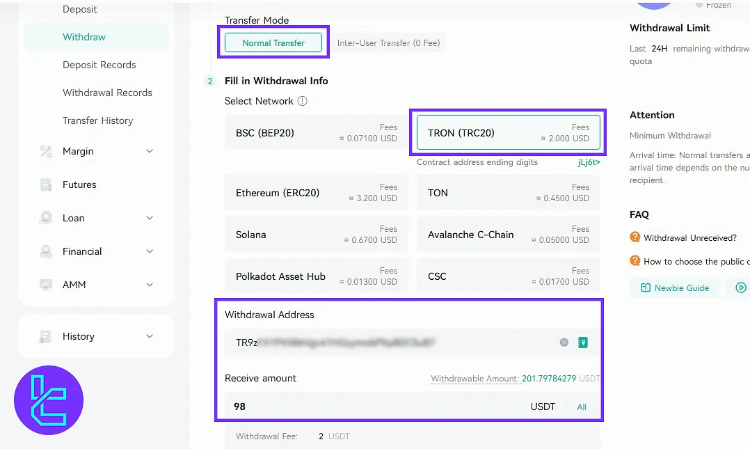 CoinEX withdrawal, Tether TRC20 token, transfer type, and details