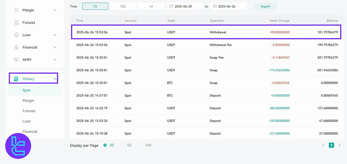 CoinEX USDT TRC20 withdrawal transaction history view