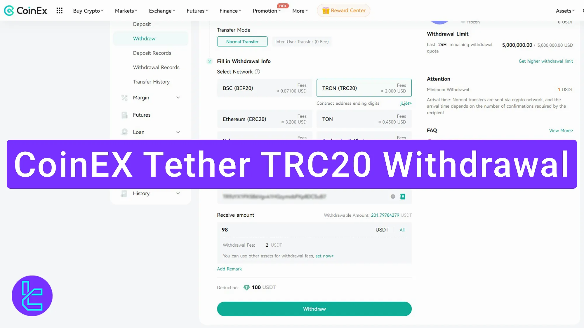 CoinEX Tether TRC20 withdrawal