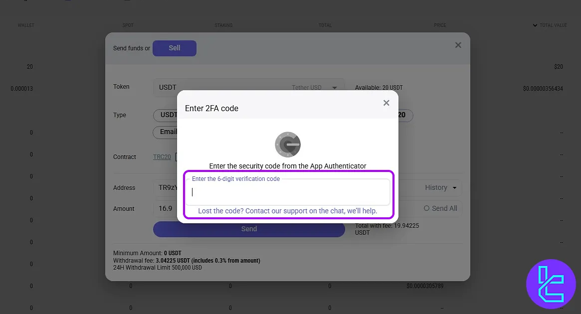 Complete LATOKEN Tether TRC20 cash out using 2FA