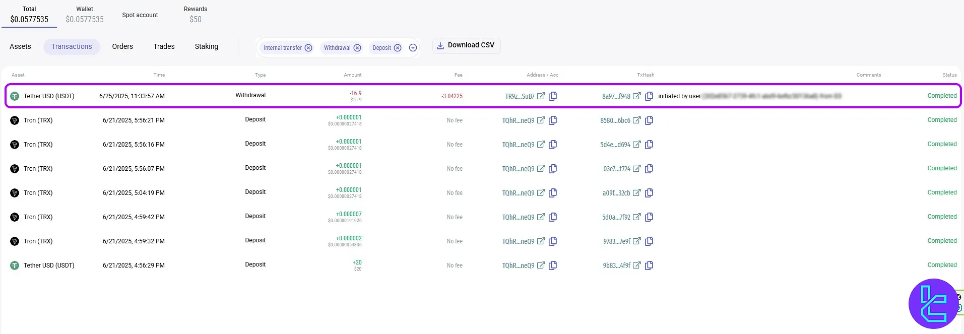 LATOKEN Tether TRC20 cash out status