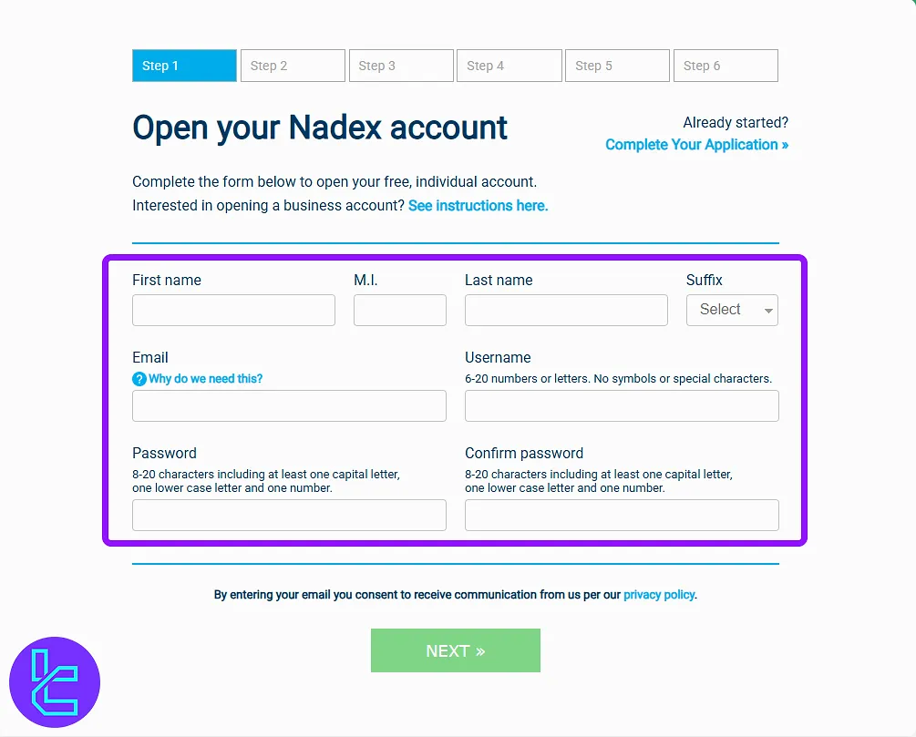 Nadex registration form