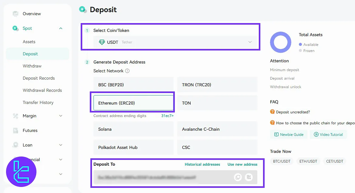 CoinEx Tether ERC20 deposit coin selection