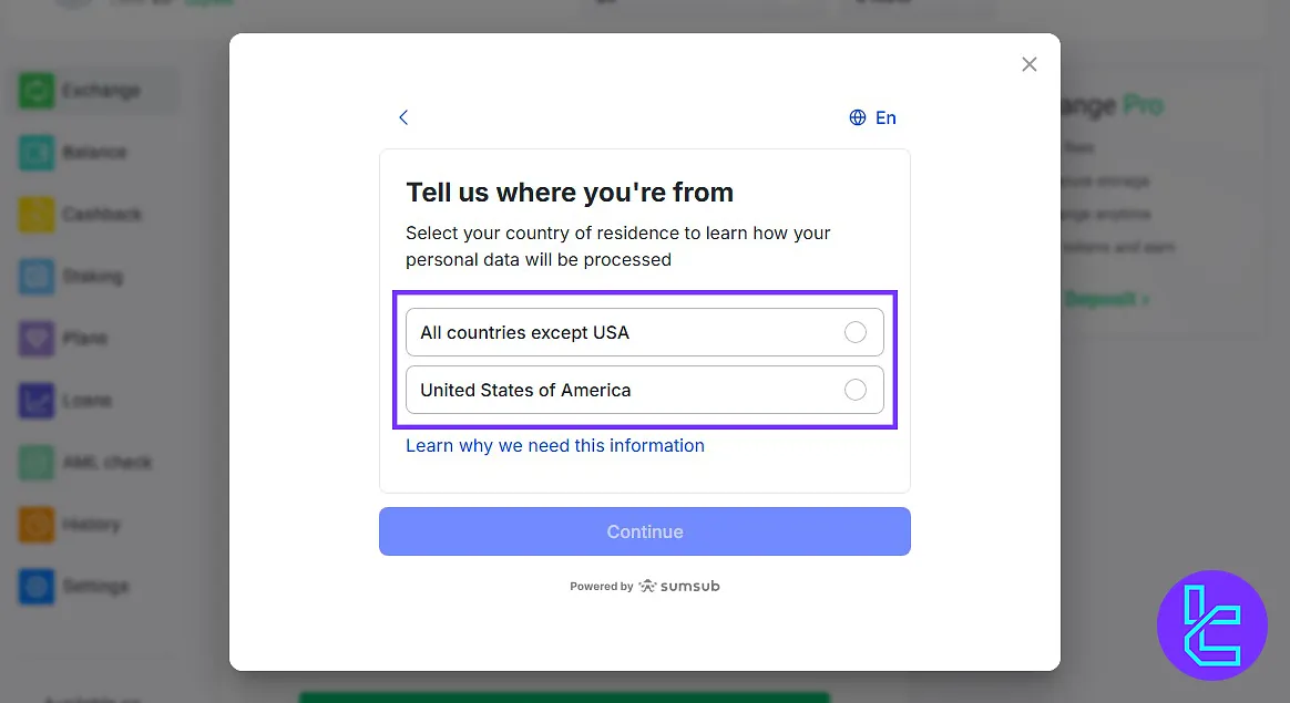 ChangeNow country selection in the KYC process