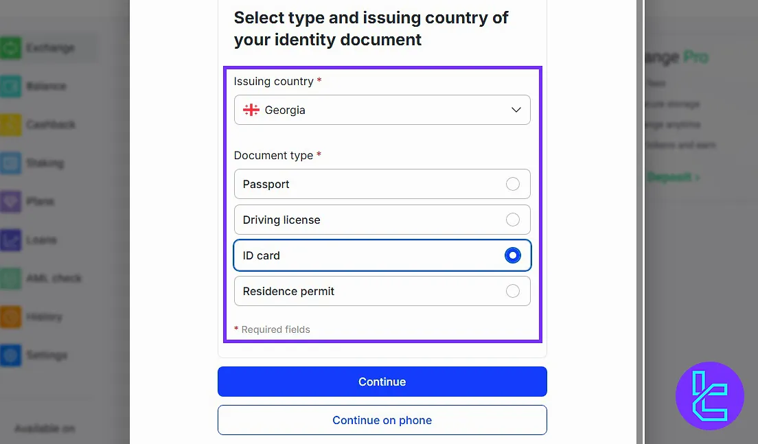 ChangeNow KYC issuer and document type selection