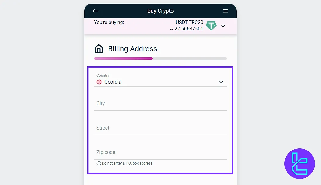 Residential info entry for CoinEX Visa deposit.