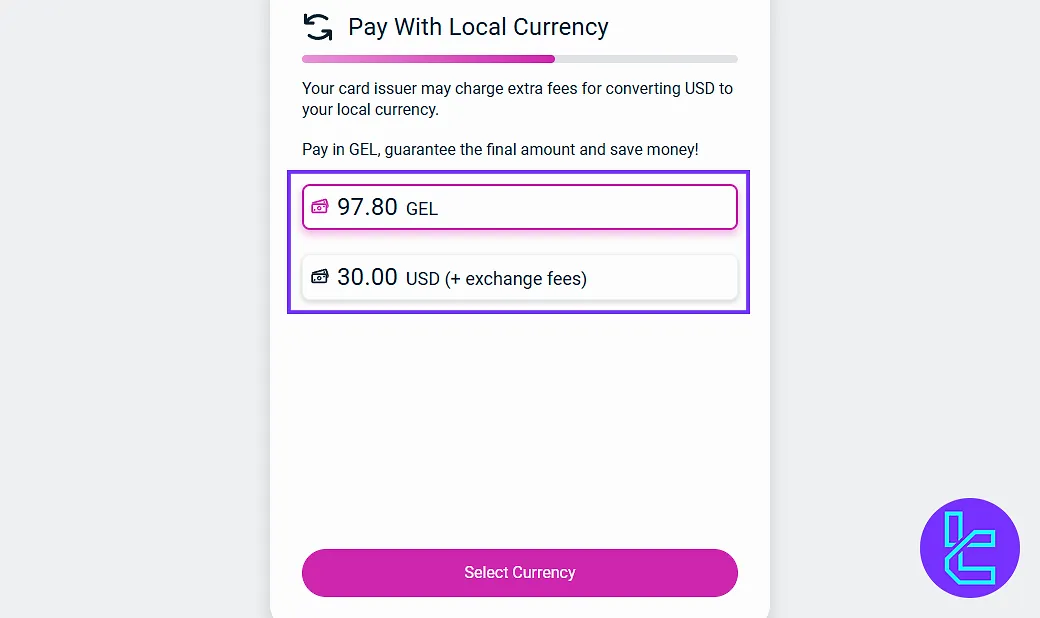 Currency choice in CoinEX Visa/Mastercard funding