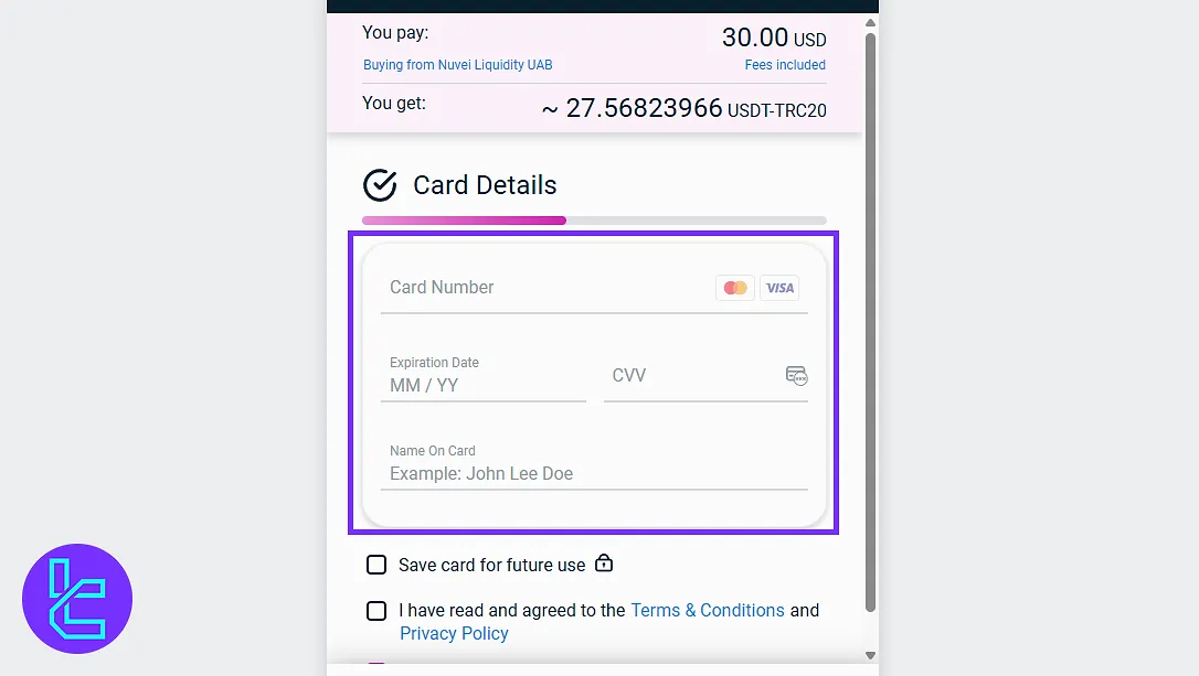 Card entry step during CoinEX Visa/Mastercard funding