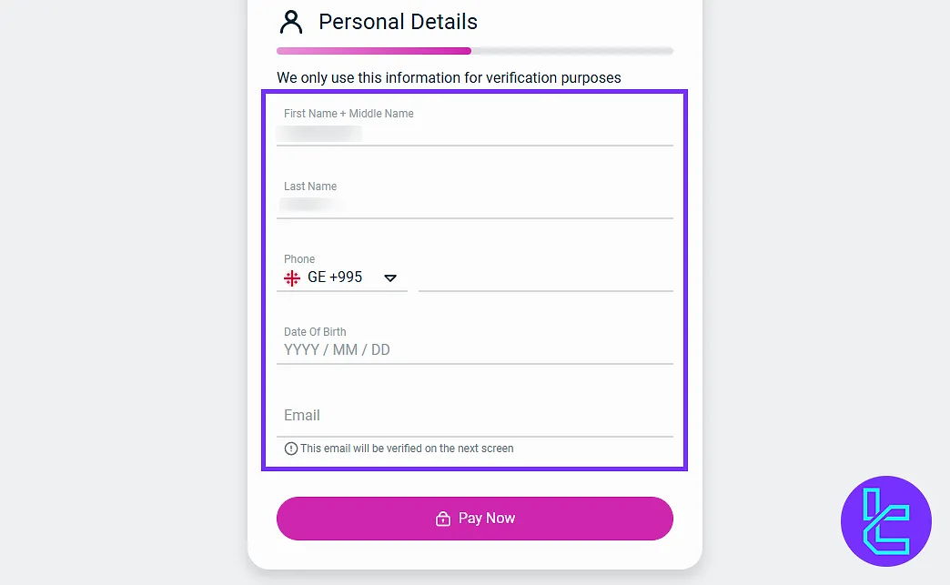CoinEX Visa/Mastercard personal details entry for deposit