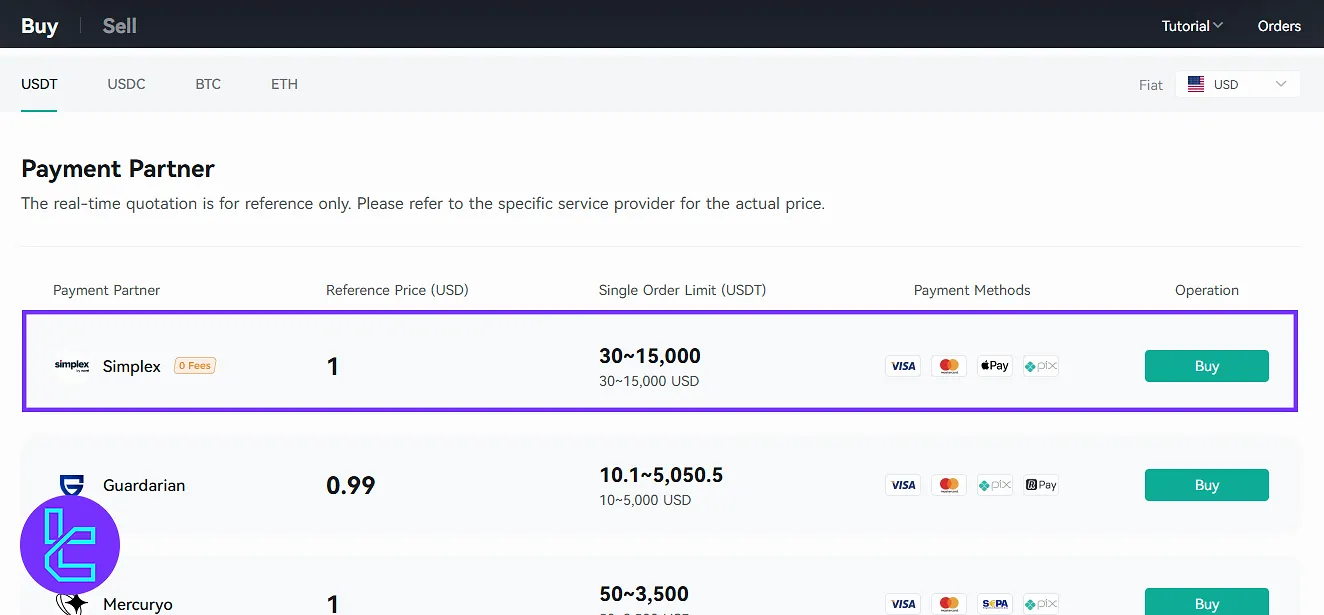 Choosing provider when depositing to CoinEX via Visa/Mastercard
