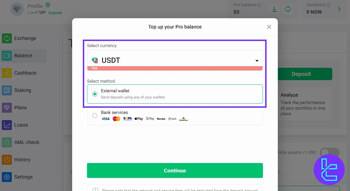 USDT and TRC-20 network selection in funding ExchangeNow account