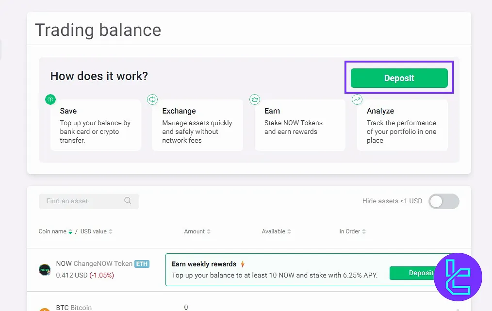 Deposit selection in funding ChangeNow via USDT TRC20