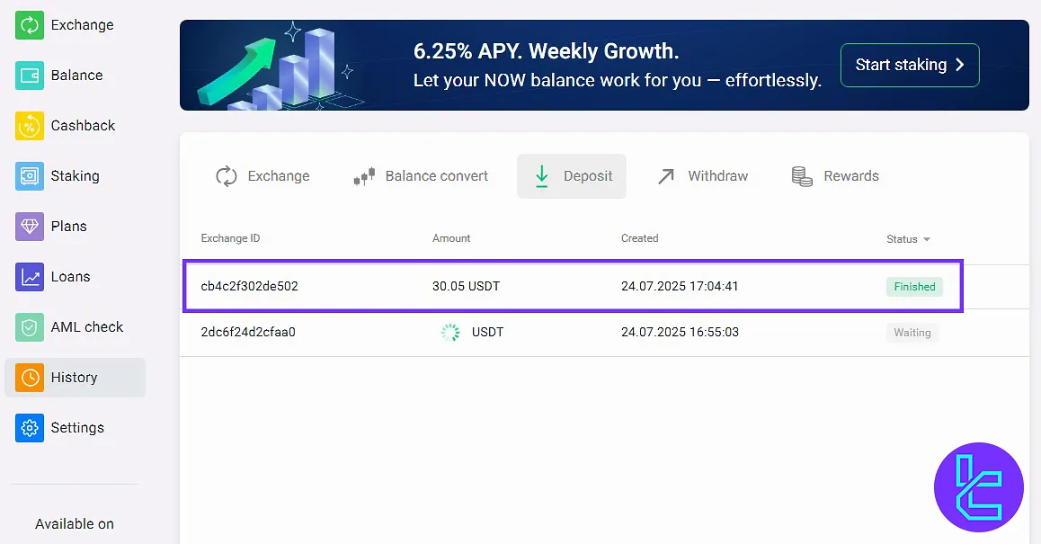 Tether TRC20 deposit confirmation on ChangeNow History