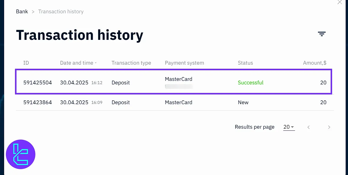 Successful confirmation of Binarium Visa and MasterCard deposit