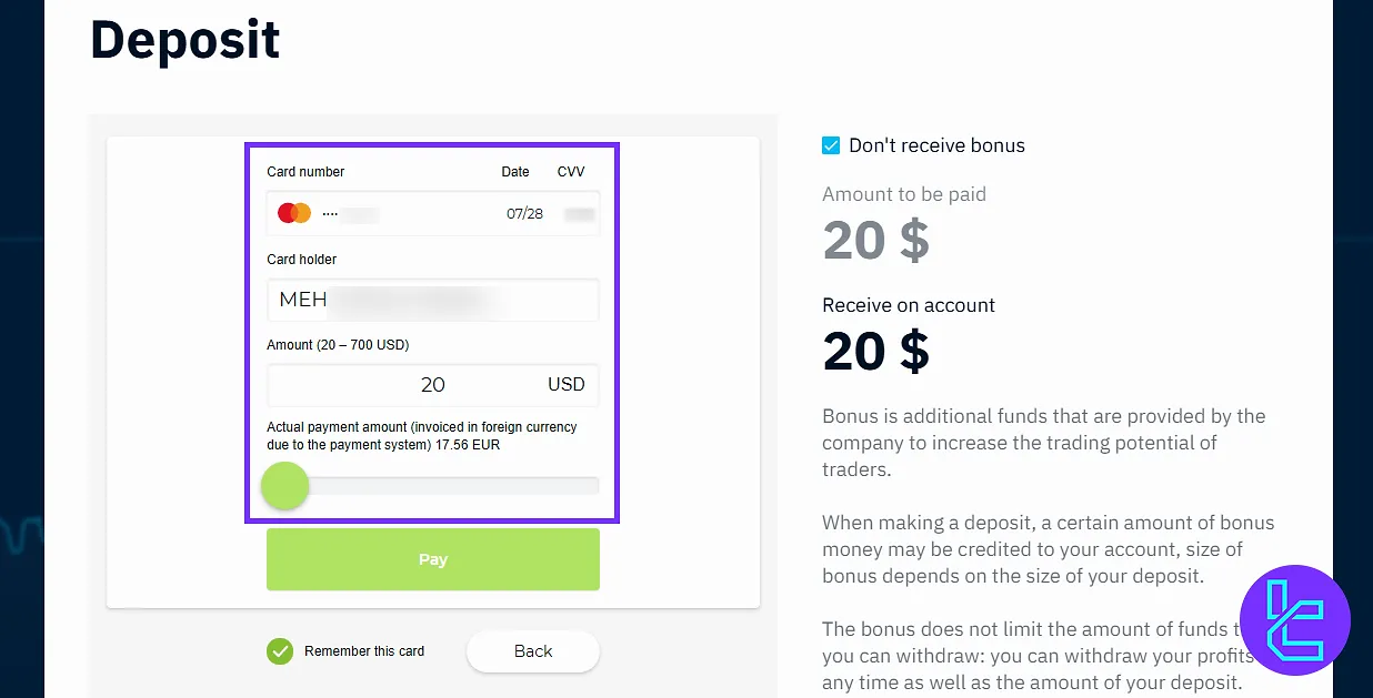 Enter card info for Binarium Visa and MasterCard funding