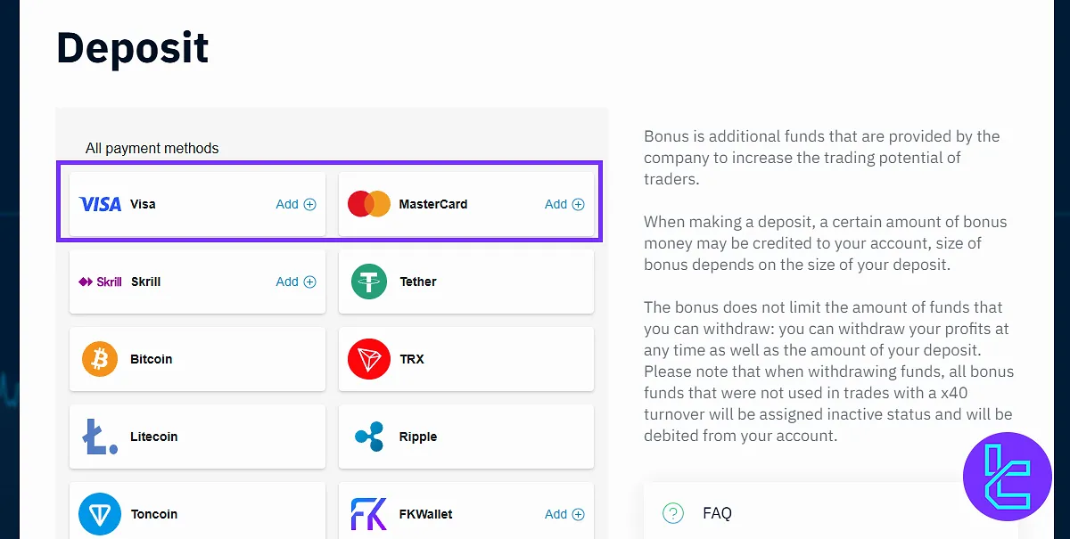 Choose Visa or MasterCard in Binarium payment