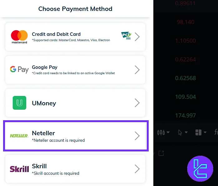 Choosing AvaTrade Neteller payment option