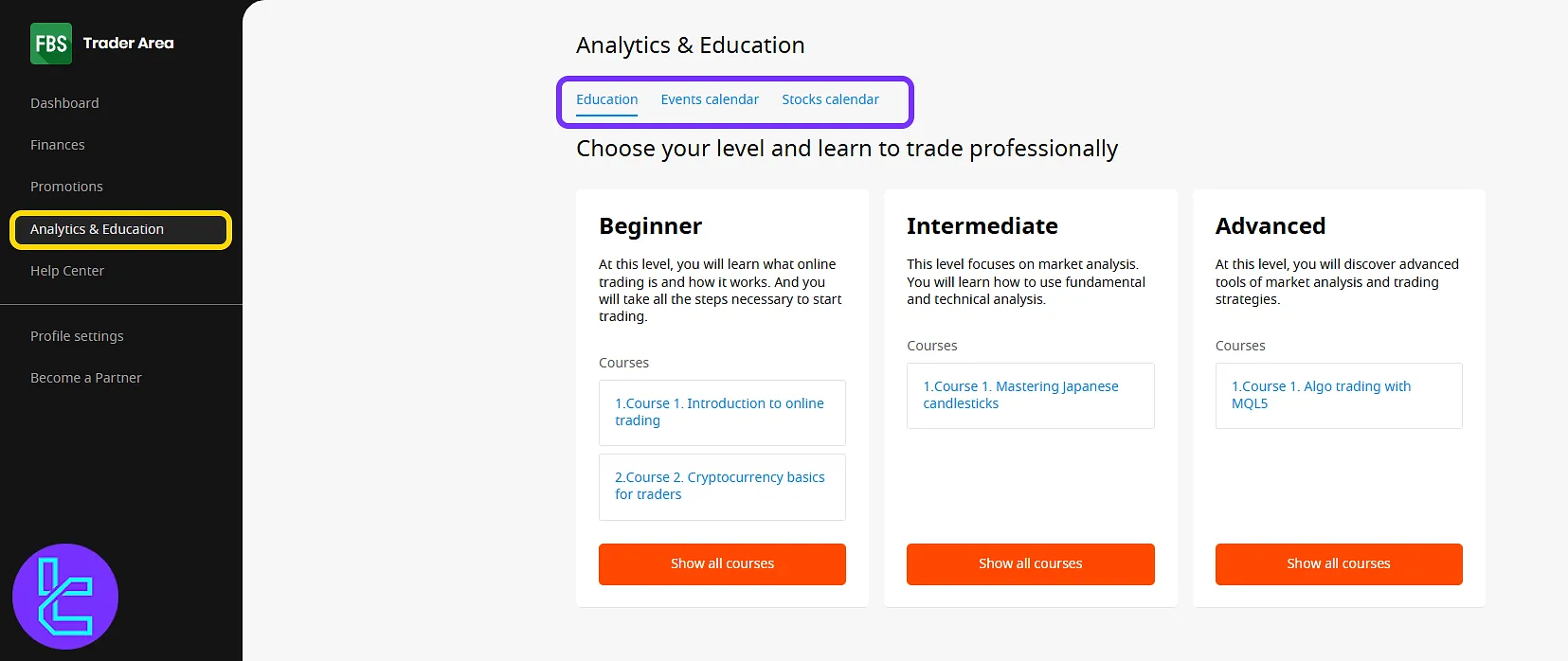 FBS education center with learning tracks and calendars in the dashboard