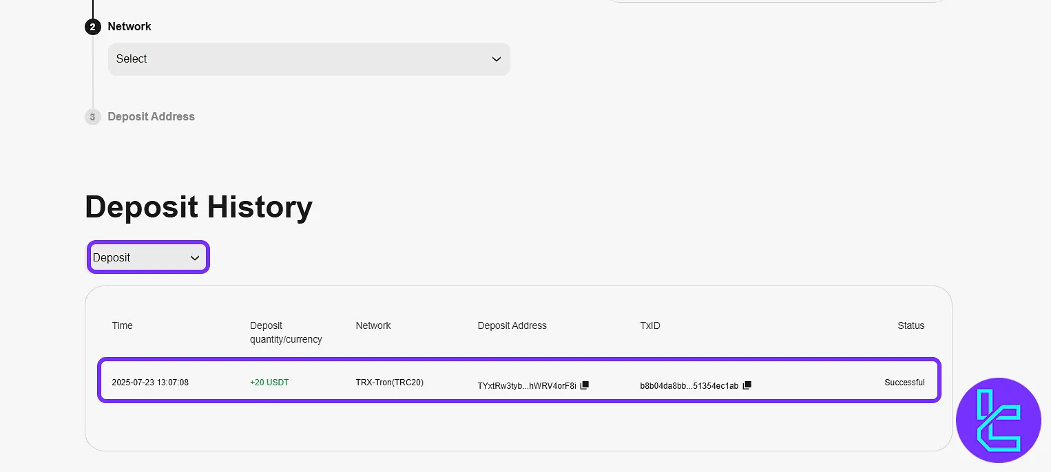 CoinW wallet history table displaying TRC20 USDT transfer information