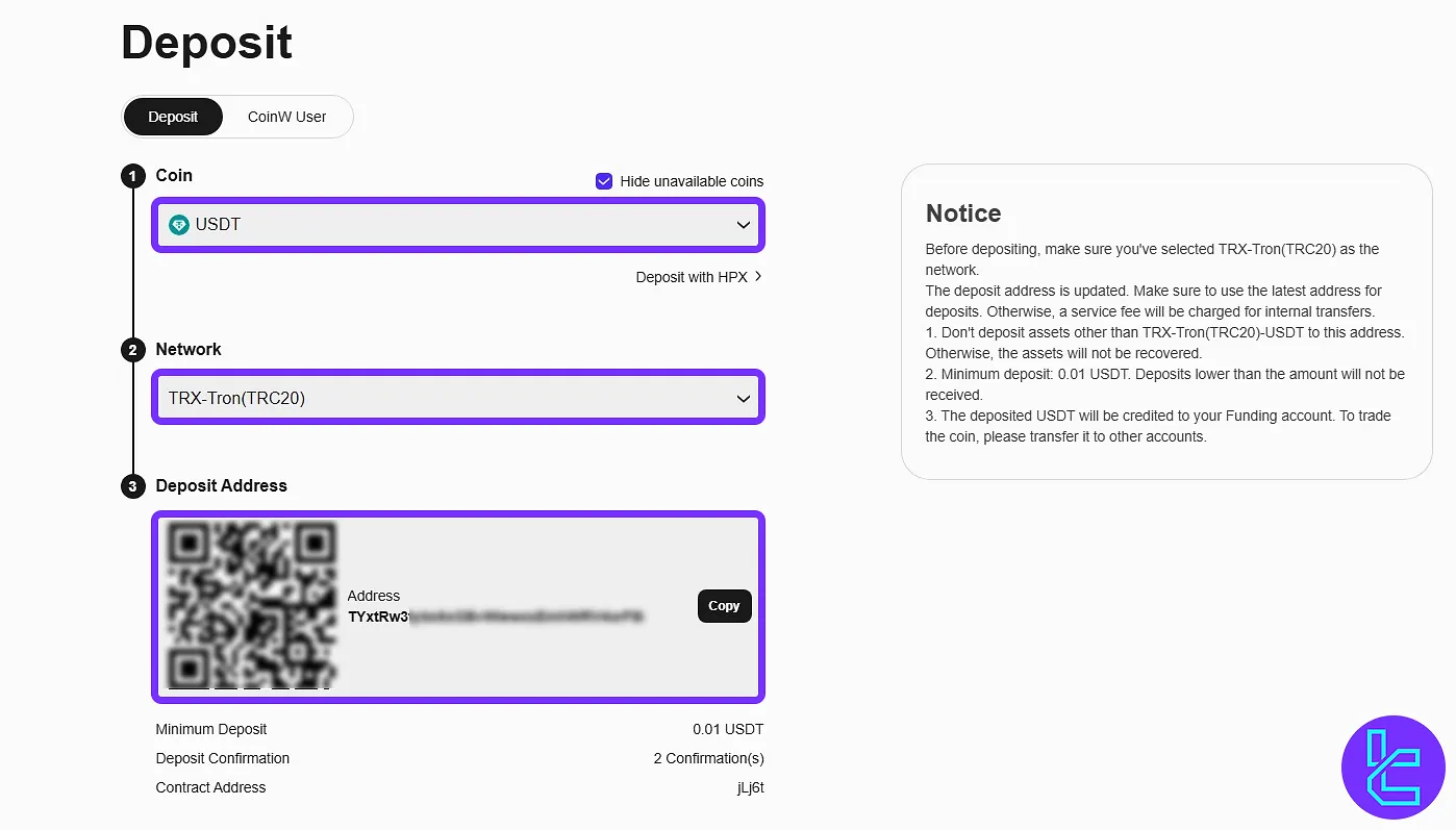 USDT coin and TRC20 network selected on the CoinW top-up form