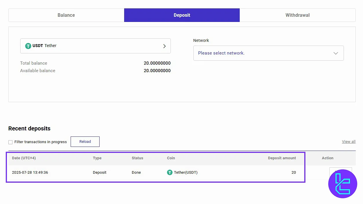 Tether TRC20 deposit record in Probit