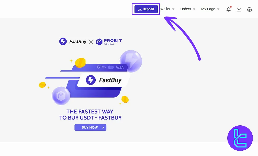 Accessing the Probit deposit section to send USDT TRC20
